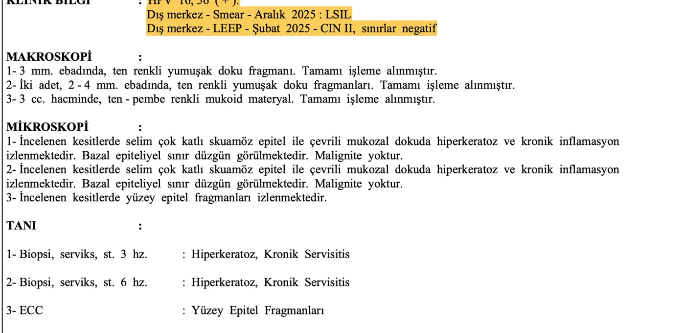 Anonim LEEP sonrası benign biyopsi raporu örneği