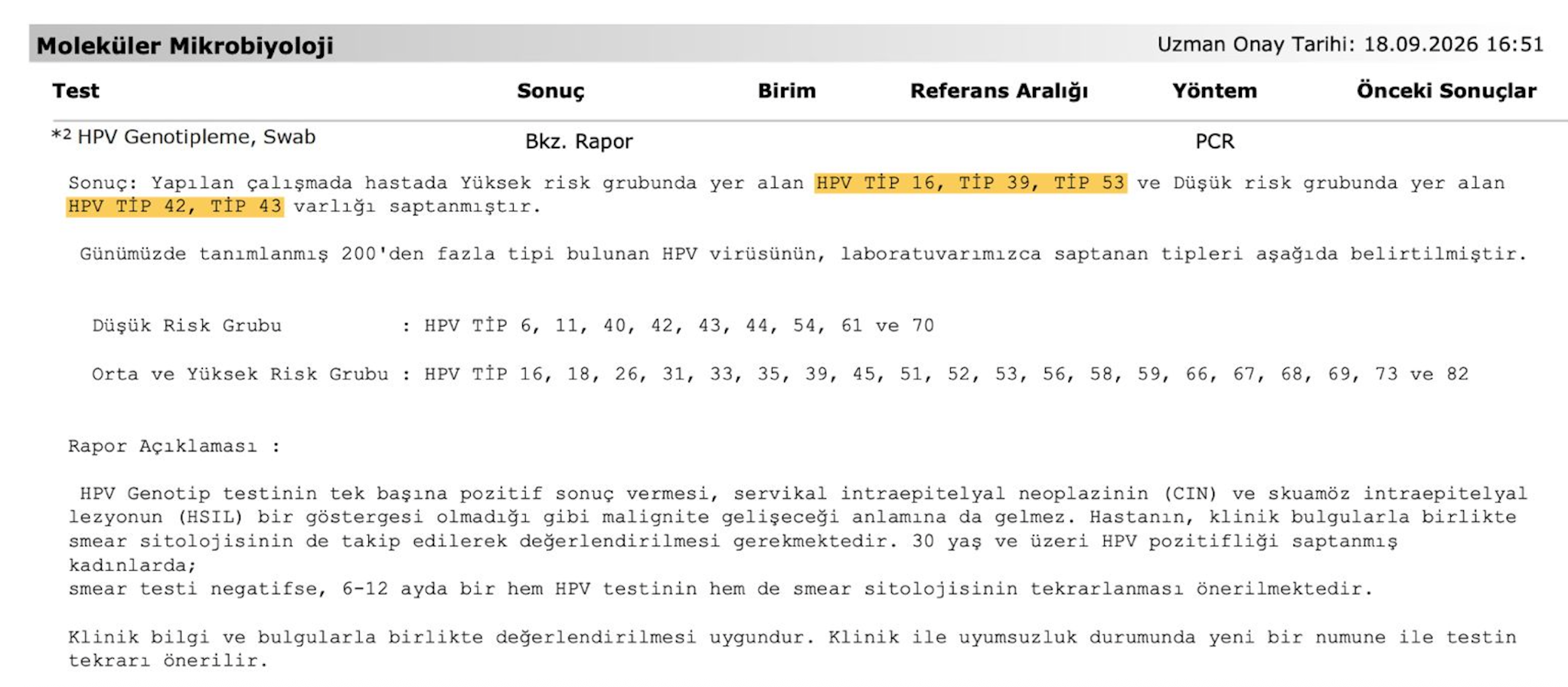 Anonim gerçek HPV genotipleme raporu örneği